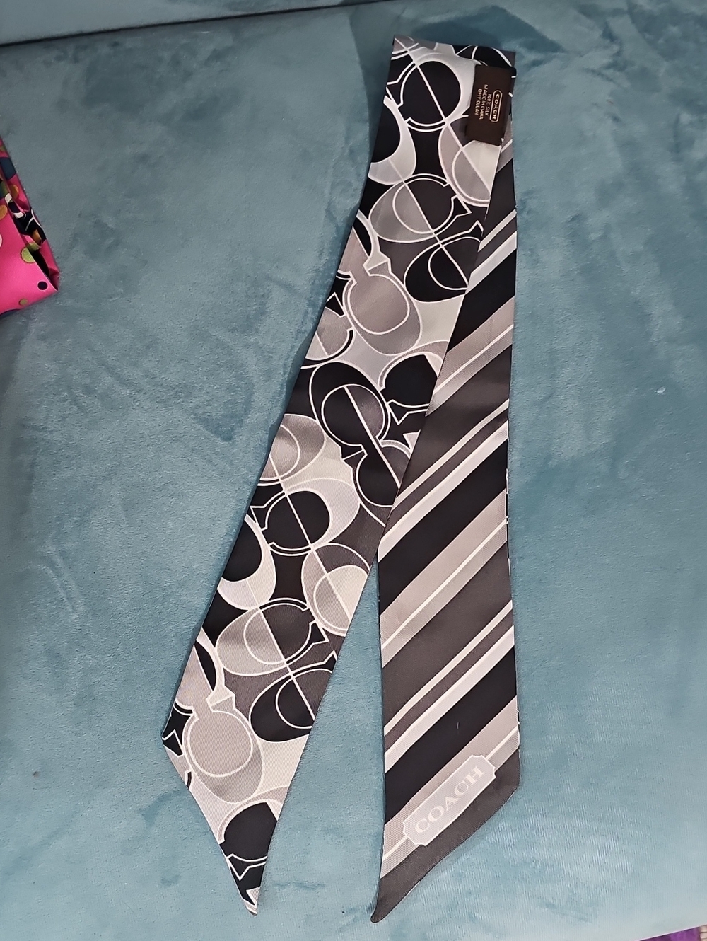Coach Black and Gray Signature Silk Twilly Scarf